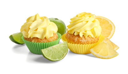 Delicious lemon cupcakes on white background