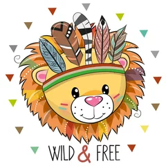 Poster Chambre d enfant Lion tribal de dessin animé mignon avec des plumes