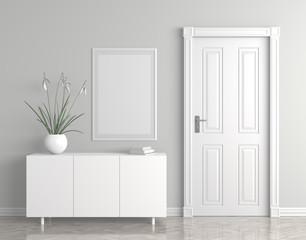 Mock up poster frame in Scandinavian style hipster interior. 3D illustration.