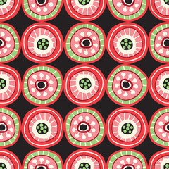 Colorful Folk Circle Mosaic on DArk Background Vector Seamless Pattern. Bold hand-drawn geometric print.