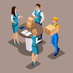 Obraz premium Isometric courier delivered parcel to business woman in office, bank staff examine box, vector illustration