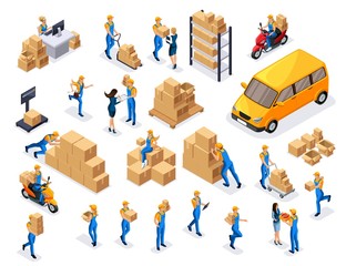 Isometric delivery service, couriers, warehouse workers, call center is a large set of symbols and concepts for creating vector illustrations