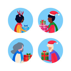 set mix race different age people holding gift box happy new year merry christmas concept male female face avatar profile cartoon character portrait collection isolated vector illustration