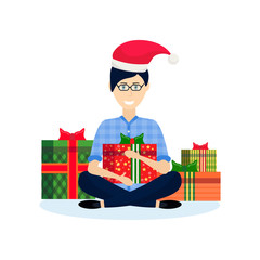 man sitting lotus pose gift box decoration new year merry christmas concept flat male cartoon character isolated vector illustration