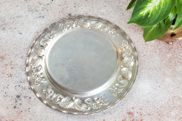 Vintage silverplate dish and green plants