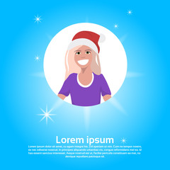 blonde woman face avatar red hat happy new year merry christmas concept flat female cartoon character portrait blue background copy space vector illustration