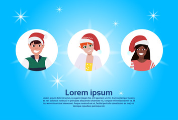 set mix race people face avatar red hat happy new year merry christmas concept flat female male cartoon character portrait blue background horizontal copy space vector illustration