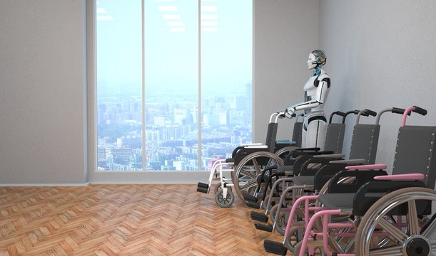 Roboter als Pfleger mit einem Rollstuhl