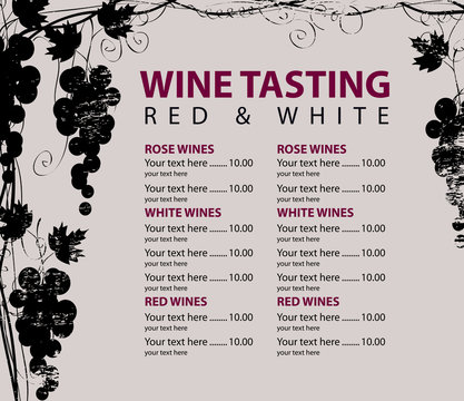 Vector menu for wine tasting with price list and grapevine with bunches of grapes with wooden board texture on beige background