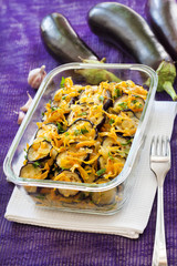 Appetizer of fried and marinated eggplant with onion and carrot