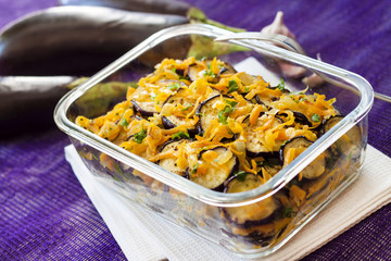 Appetizer of fried and marinated eggplant with onion and carrot