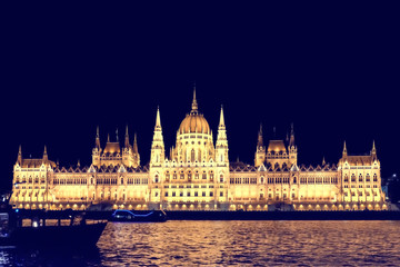 BUDAPEST, HUNGARY - SEPTEMBER 22, 2018: Famous Building of Hungarian Parliament on bank of the Danube river at night