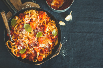 Tomato sauce spaghetti pasta on pan