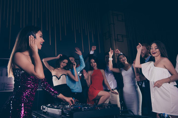 Deejay play song, audio record on modern vinyl player, while cro