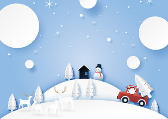 Naklejka premium Winter season landscape with santa claus,deers and snowman for merry christmas and happy new year.Paper art style vector illustration.