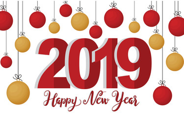 Naklejka premium Happy New Year 2019 Greeting Card Red Yellow Lantern