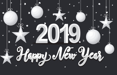 Happy New Year 2019 Greeting Card Star Lantern Grayscale