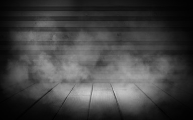 Background of an empty wall, a ray of light in the basement, smoke, neon light. Magic