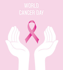 World cancer day. hands with pink bow