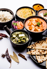 Indian Lunch / Dinner main course food in group includes Paneer Butter Masala, Dal Makhani, Palak Paneer, Roti, Rice etc, Selective focus