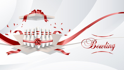 Bowling present open box with pins red color ribbon on white background. Vector illustration. 