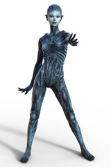 Female Alien creature in action pose isolated on white 3d render