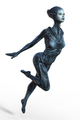 Female Alien creature in action pose isolated on white 3d render