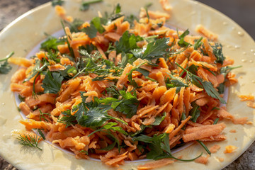 Close-up shoot of fresh looking carrot salad on plate