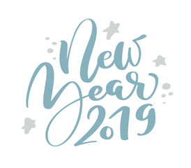 New Year 2019 blue Christmas vintage calligraphy lettering vector text with winter scandinavian drawing elements. For art design, mockup brochure style, banner idea cover