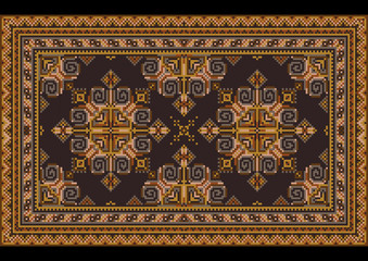  Variegated luxury vintage oriental carpet with dirty orange,yellow, blue and brown shades on black background
