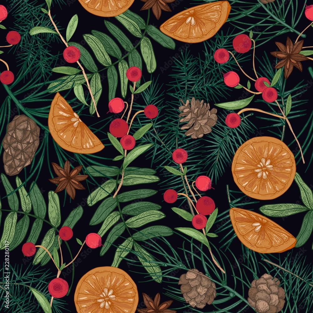 Wall mural holiday seamless pattern with pine and spruce tree branches, needles and cones, rowan berries and cr