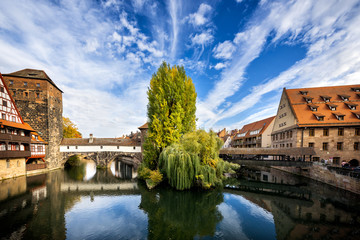 Nuremberg, Hangman's Bridge over the Pegnitz River. Franconia, Germany