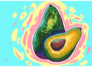 Avocado ink comic art gogh vector style. Creative  trendy colors with scenic palette