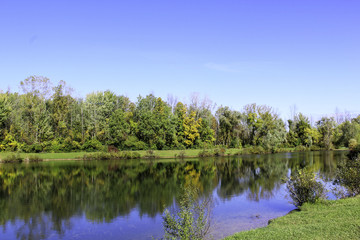 Fototapeta na wymiar Autumn foliage reflections on calm blue pond. Rochester, New Yorl