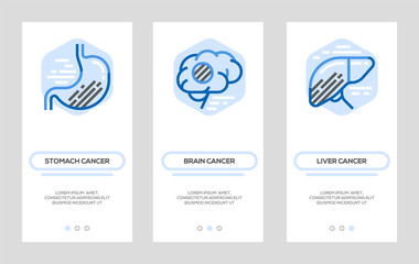 Stomach Cancer, Brain Cancer, Liver Cancer Banners. Vector Vertical Cards. Concept For Web Graphics.