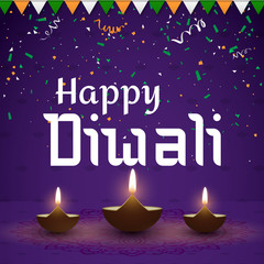 Happy Diwali card with oil lamps and colorful confetti.