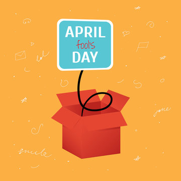 Vector April Fool's Day funny box with label on bright orange background with doodles
