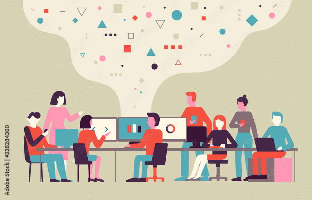 Poster Vector illustration in flat simple style with small characters - app and software development concept