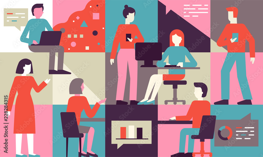 Poster Vector illustration in flat simple style with small characters - app and software development concept