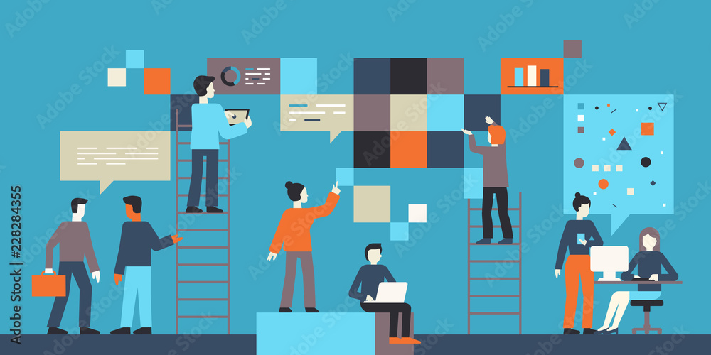Aufkleber Vector illustration in flat simple style with small characters - app and software development concept - people working on abstract banners with data