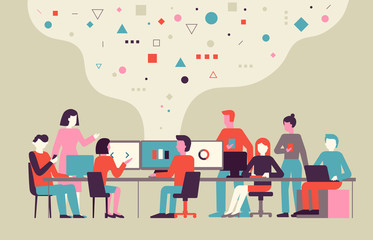 Vector illustration in flat simple style with small characters - app and software development concept