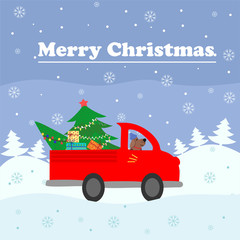 Merry Christmas card. The yellow car gives a Christmas tree to decorate the house. Colorful vector illustration for the winter holidays. You can use for small and medium enterprises Christmas cards.	