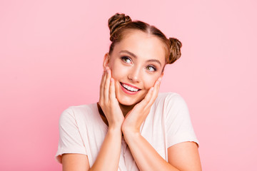 Close up portrait of charming, lovely, cute youth, hold hands ne