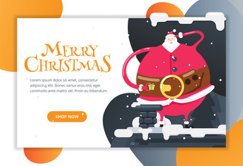 Big santa claus on the roof with a gift. Vector illustration. Landing page.