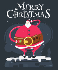 Fototapeta premium Big santa claus on the roof with a gift. Vector illustration.