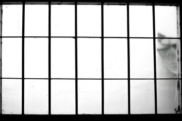 Black and white old window with iron bar
