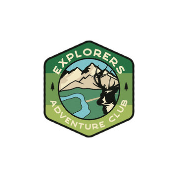 Explorers Logo Emblem. Vintage hand drawn travel badge. Featuring mountain valley with deer and river scene. Adventure club patch. Stock vector hike, wanderlust insignia isolated
