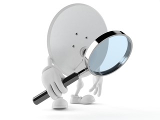 Satellite dish character looking through magnifying glass