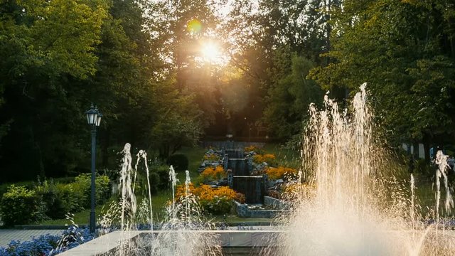 Nice public garden with artesian fountain at sunset - tilt down