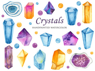 Watercolor set of colored crystals, gems and beads. Illustration on white background for invitations, greeting cards.